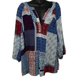 Zac & Rachel Womens Top Size Large Red White Blue Sheer Chiffon Floral Geometric